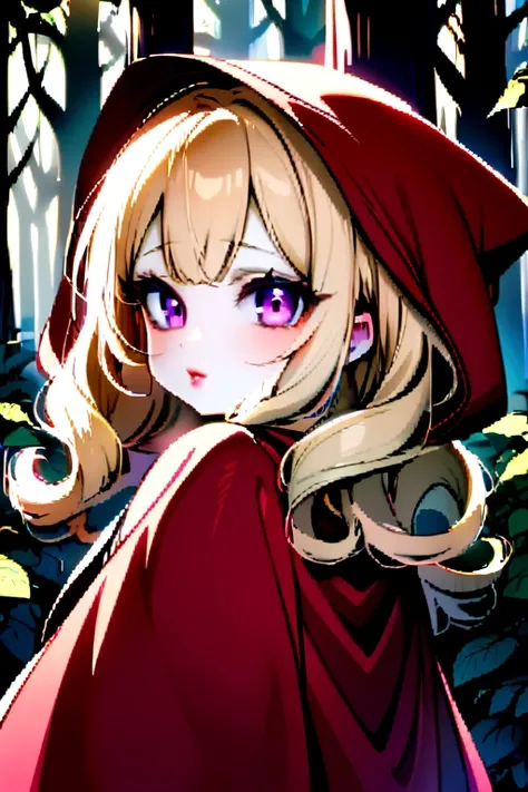 A curly blonde young woman, pale skin with violet eyes and reddish lips, dressed as little red riding hood, with a forest in the background. 