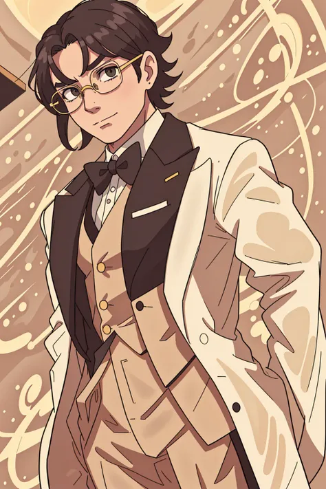 A thinner man wearing a tight-fitting tuxedo and suit, extremely short swept back hair, very long sculpted face, looking very smug, wearing round circular glasses, wearing a yellow suit with gold accents, standing in front of a golden sky