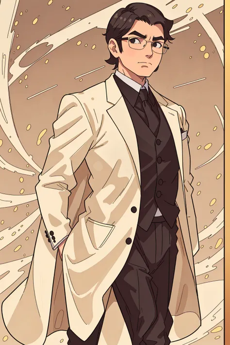 A thinner man wearing a tight-fitting tuxedo and suit, extremely short swept back hair, very long sculpted face, looking very smug, wearing round circular glasses, wearing a yellow suit with gold accents, standing in front of a golden sky