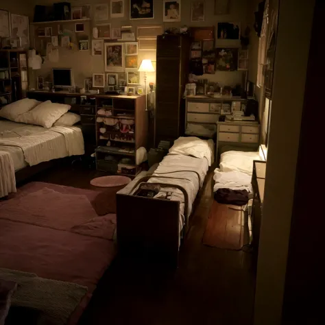 a bedroom with soft lighting, 90s room, nostalgic atmosphere, warm lighting, dresser on the left side, wooden tableware set next to the bed, 90s bedroom