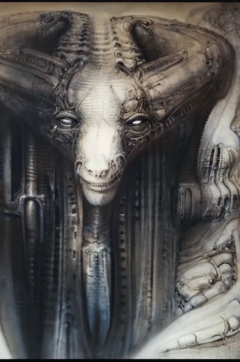 giger_style, the image is a detailed view of h.r. giger's \" landscape xvi \" plate, featuring a complex network of bones and or...