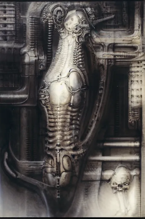 giger_style, the image is a detailed view of h.r. giger's \" landscape xvi \" plate, featuring a complex network of bones and or...