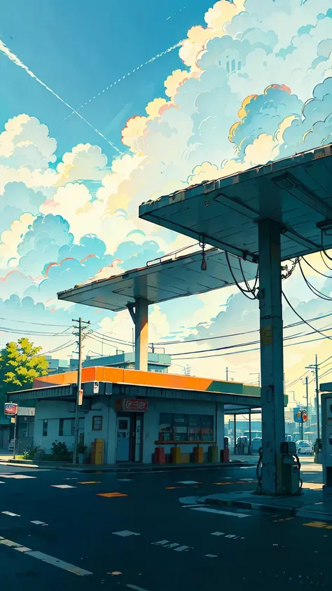 petrol station, vibrant colors, highly detailed, masterpiece quality, cloudy sky, telephone poles, wide angle view