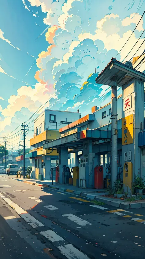 petrol station, vibrant colors, highly detailed, masterpiece quality, cloudy sky, telephone poles, wide angle view