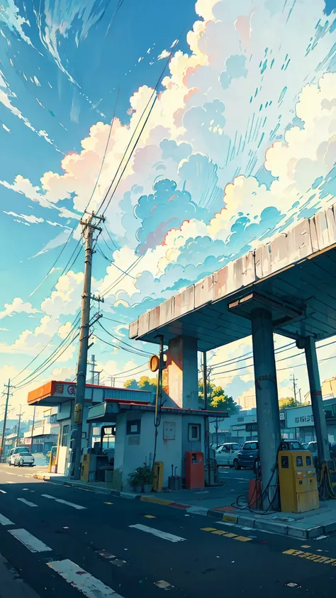 petrol station, vibrant colors, highly detailed, masterpiece quality, cloudy sky, telephone poles, wide angle view