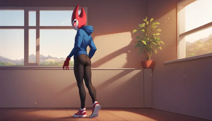 score_9, score_8_up, score_7_up, score_6_up, zPDXL2, grimm (hollow knight), vampire, bat, 1boy, solo, cute face, detailed eyes, anthro, near the window, landscape, highlight thighs, red sports gloves, sneakers, profile picture, blue hooded sweatshirt, stan...