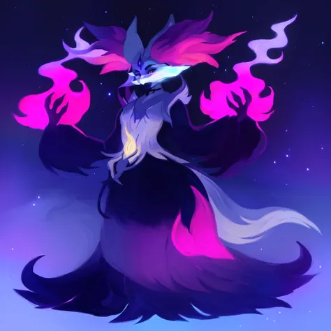 a closeup of a cartoon character with long hair, dark fox wizard, pira, aura of darkness, painted in the arcane style, arcane ar...