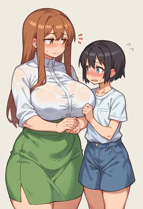 score_9, score_8_up, score_7_up, source_anime, BREAK, (((xeu))), 2girls, a taller woman is standing over a much smaller embarrassed woman, the taller woman is curvy and has huge breasts while the smaller woman is skinny and has flat breasts, the smaller wo...