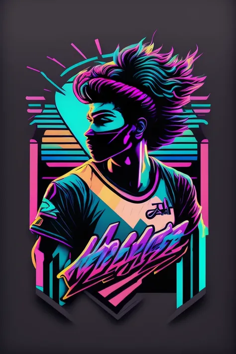 Volleyball athlete, vaporwave graffiti style, vector logo sticker, vibrant colors, futuristic, vector art, t-shirt design, profile pose, volleyball, jumping.