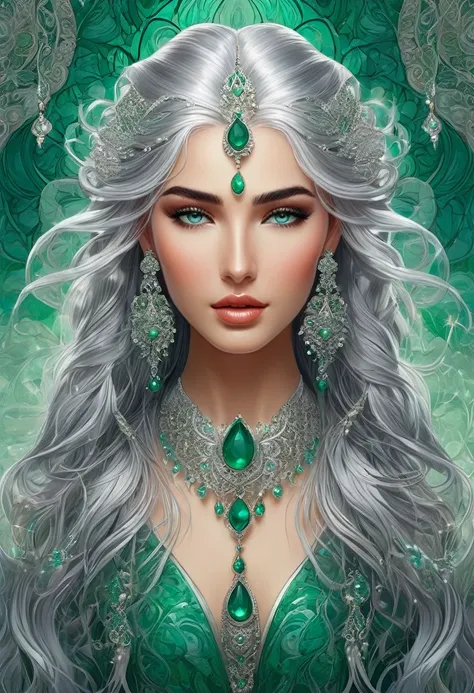 an exquisite illustration of a female mystic with cascading silver hair, captivating emerald eyes, and stunning ornate earrings ...