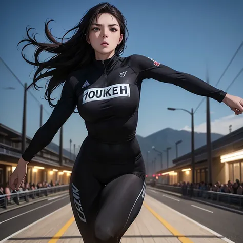 young female athlete racing on the road, long flowing black hair, sleek and aerodynamic running wear, intense expression, severa...