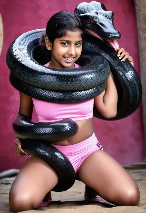 Pink booty shorts Happy Horny, aroused 1girl), beautiful kneeling Indian young teen girl  with  giant colossal black anaconda monster  squeezing her hard, wrapped in thick spiraling coils, constricted, struggle, gasping for air, snake attack, snake peril, ...