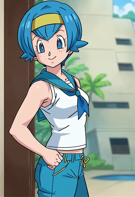 ((masterpiece,best quality)), absurdres,
Lana_Pokemon, 
1girl, solo, curvy, short blue hair, blue eyes, yellow hairband, white shirt, sleeveless, blue sailor collar, blue pants, bright pupils, swimsuit under clothes,
solo, smiling, looking at viewer, cowbo...