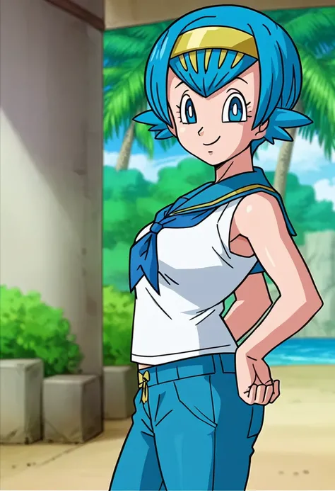 ((masterpiece,best quality)), absurdres,
Lana_Pokemon, 
1girl, solo, curvy, short blue hair, blue eyes, yellow hairband, white shirt, sleeveless, blue sailor collar, blue pants, bright pupils, swimsuit under clothes,
solo, smiling, looking at viewer, cowbo...