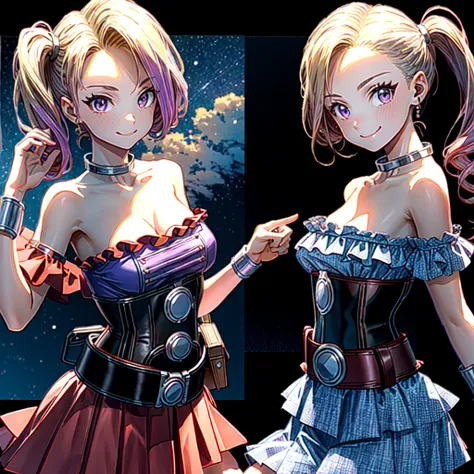 (Masterpiece, Best Quality:1.2), ((Jessica Albert [Dragon Quest], 1girl, frilly red skirt, corset, purple shirt, bare shoulders, belt with pouches, short twintails):1.4), (medium breasts:1.4), (cheerful pose:1.5), (upper body:1.7), looking at viewer, (shy ...