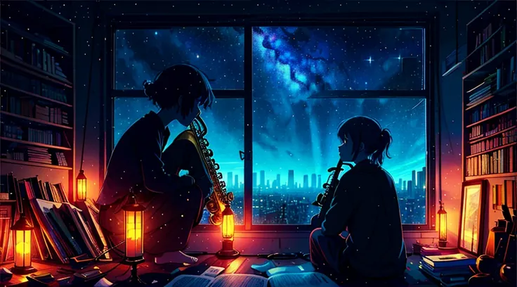 masterpiece, 1girl, solo, room full of scattered books, sitting at window, barefoot, playing saxophone, night at window, distant city lights, starry sky, nebula, close side shot, 8k, detailed, best quality,