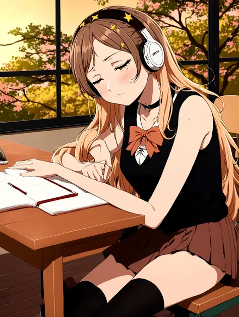 Haikyuu anime screenshot, 16 year old girl, long hair below the shoulders, wavy tips, dark brown hair, Her hair is down and she has a yellow star barrette in her hair., big, slanted eyes, light brown eyes, long and beautiful eyelashes, He has freckles on h...