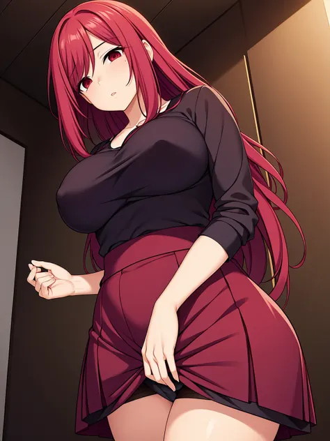 pink-hair red-hair,red-eyes,milf,Droopy eyes.chin mole、big-breast,35-year-old woman、milf、Red ruffled shirt、Black ruffled skirt、、long-hair,straight-hair,standing、red-lips-makeup,、whole body、Plump legs,独奏,Knitted clothing、black-pantyhose,standing,from-below-...