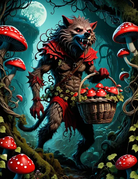 A satire and surreal picture of the red riding werewolf at an eerie gnarly otherworldly twisted, sentient vines jungle, insanely intricate details, Don Lawrence style, carrying a basket of enchanted mushrooms with bioluminescent flowers blooming on the vin...