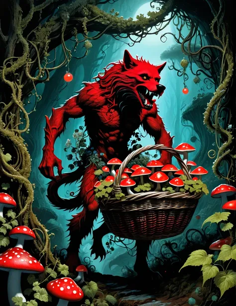 A satire and surreal picture of the red riding werewolf at an eerie gnarly otherworldly twisted, sentient vines jungle, insanely intricate details, Don Lawrence style, carrying a basket of enchanted mushrooms with bioluminescent flowers blooming on the vin...