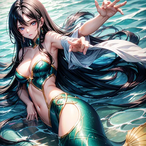 quuen of the mermaid black hair and prepel eyes 