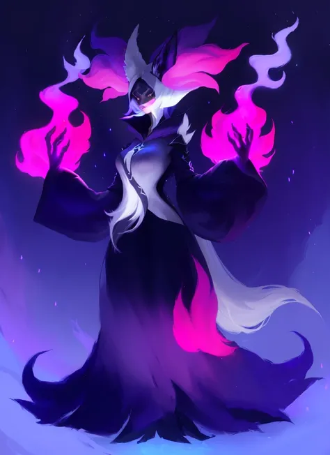 A closeup of a cartoon character with long hair, dark fox wizard, pira, Aura of darkness, painted in the arcane style, arcane art style, full portrait of elementalist, /! the sorceress, Glowing black aura, dark sorceress full view, evil aura, sorceress, Po...