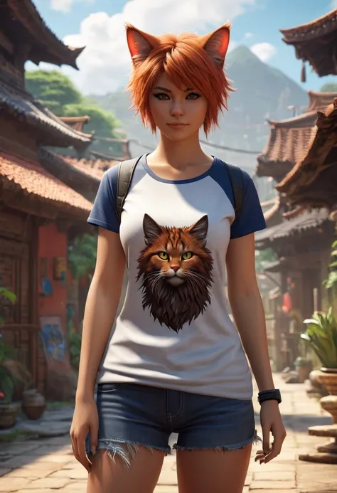 masterpiece, top quality, high quality, highly detailed CG unity 8k wallpaper, scenery,Cat beastman wearing a T-shirt, female,The body is covered with animal hair