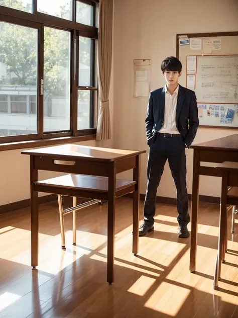 1 Korean teenage boy,multiple student in classroom, student president, handsome, turn half face, standing nude sideways turn back to viewer , showing his nude body, classroom, table, chair, sunlight,working guy,, full body shot 