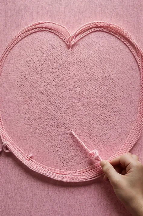 Draw a 2D circular logo with a peach and pastel pink background, where there is yarn simulating knitting a heart and there are parts made with Legos, that the phrase appears "weaving networks creating spaces"