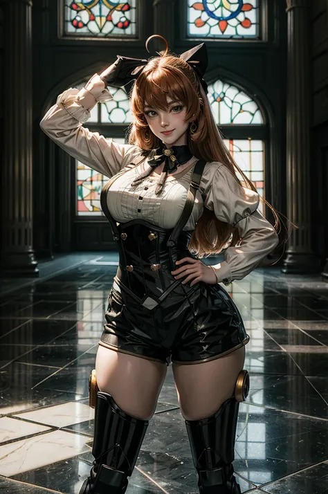 cowboy shot, dynamic pose, smile,  underbust, Penny Polendina, long hair, neck ribbon, suspender shorts, corset, black bow, white blouse, mechanical legs, neon trim, standing inside palace, hand on hip, salute, marble floor, marble pillars, tall stained gl...