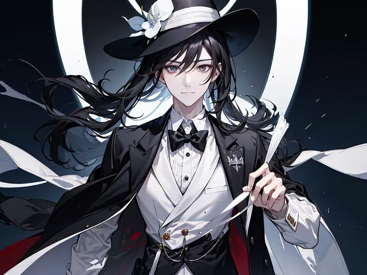 a man, with black hair, wearing a white hat, white suit and black shirt and white tie, a time lord, he is handsome, half body smile facing the camera, kerenn🔥