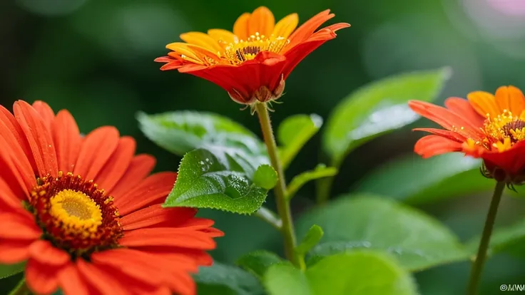 Create an image of a single, vibrant red flower with dewdrops on its petals, centered in the composition. The flower has multiple layers of petals with a detailed, orange-white center consisting of small, rounded florets. Surrounding the flower are numerou...