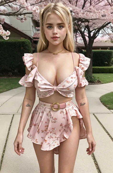 A beautiful sensual curvy blonde tween wearing a sweet Pink  Contrast Mesh, Ruffle Hem, All Over cherry blossoms Print, A Line, Short puff Sleeves, Sweetheart neckline, thin gold belt with tiny heart buckle, High Waist,Flounce hem Long gown, very long curl...