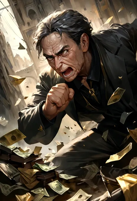 Man fighting money, oil painting, hard brush strokes, dramatic lighting, intense expression, determined eyes, hold fists, sweat dripping down his face, wrinkled suit, broken chains, Crumbled dollar bills, Crashing Stock Market Chart, Smoke rises to the bot...