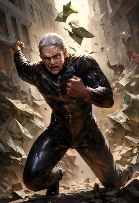 Man fighting money, oil painting, hard brush strokes, dramatic lighting, intense expression, determined eyes, hold fists, sweat dripping down his face, wrinkled suit, broken chains, Crumbled dollar bills, Crashing Stock Market Chart, Smoke rises to the bot...