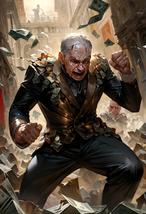 Man fighting money, oil painting, hard brush strokes, dramatic lighting, intense expression, determined eyes, hold fists, sweat dripping down his face, wrinkled suit, broken chains, Crumbled dollar bills, Crashing Stock Market Chart, Smoke rises to the bot...