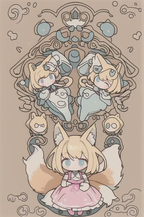 blonde、outward-curling bob、fox ears and tail、pink dress