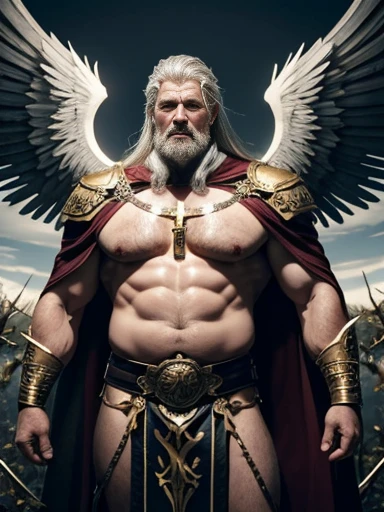 Hyperrealistic image of an old man with his body surrounded by branches of thorns stuck in his body and bleeding over 80 years old blonde Nordic warrior holy martyr archangel superhero with rays of light coming out of his body with two black wings spread o...