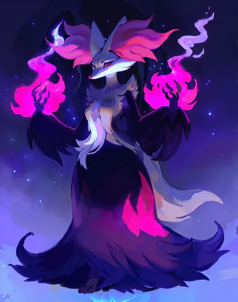 A closeup of a cartoon character with long hair, dark fox wizard, pira, Aura of darkness, painted in the arcane style, arcane art style, full portrait of elementalist, /! the sorceress, Glowing black aura, dark sorceress full view, evil aura, sorceress, Po...