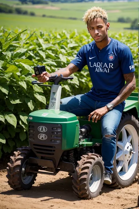 Neymar taking a photo with an agricultural machine 
