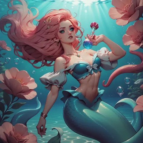 mermaid archer in tentacle liquid art style