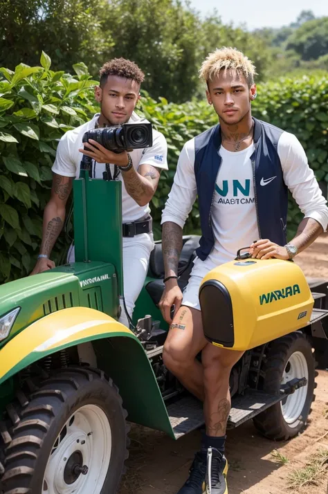 Neymar taking a photo with an agricultural machine 
