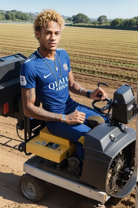 Neymar taking a photo with an agricultural machine 
