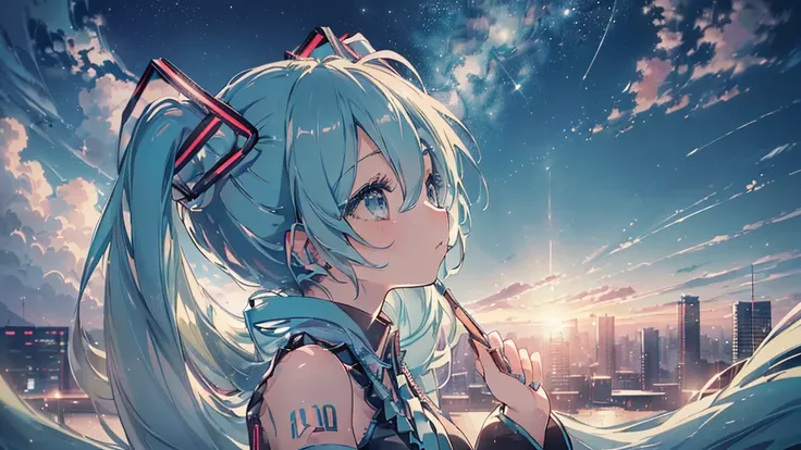 ((Asahi), ((Beautiful eyes)), (((Hatsune Miku))), (((Highest quality、masterpiece、Ultra-fine、Ultra-fine、Exquisite、16K、Full HD,))) 、(((profile、Looking up))),Long eyelashes、White skin、(thin and long)、 ((cute)) ((One person)) 、night