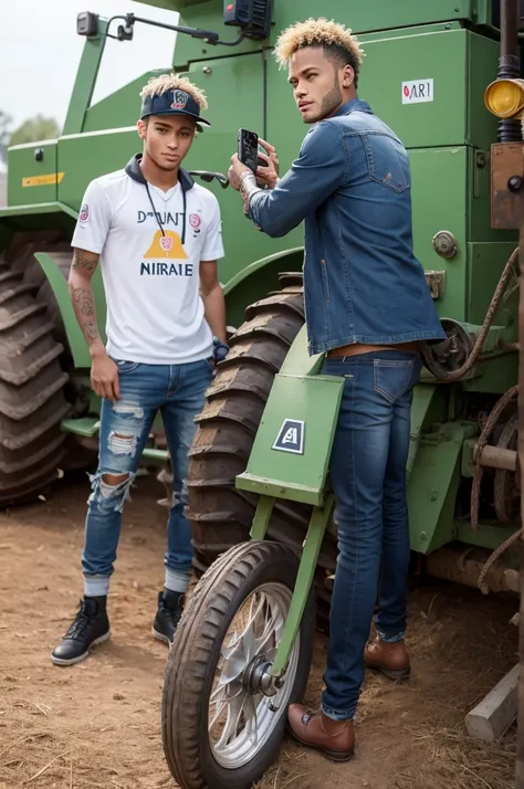 Neymar taking a photo with an agricultural machine 
