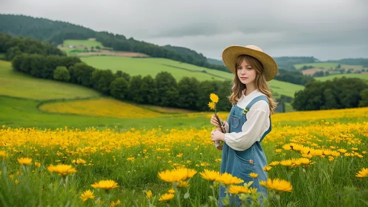 The composition centers on a detailed, anthropomorphic kitten dressed in overalls and a hat with a butterfly patch, holding a dandelion. The subject—a light orange tabby kitten—stands amid a field of dandelions, adding a charming and playful touch. The bac...