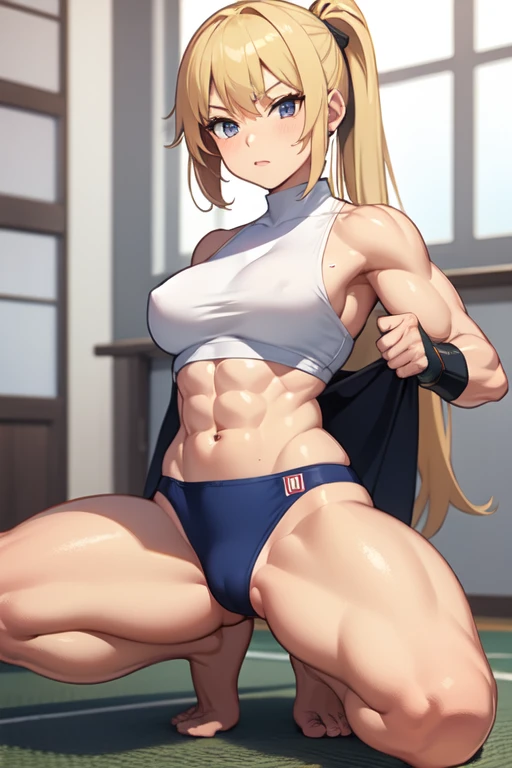 anime beautiful blond karate girl muscles fighter full body in dojo with strong abs, barefoot 