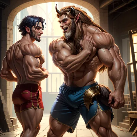 image of the Beast from the movie Beauty and the Beast, a close-up of a man with horned head and blue shorts, muscular, muscular and scary lion, brown blue, muscular, elbow pads, arm bands, topless male, red and white tight pants, underground fight club, s...