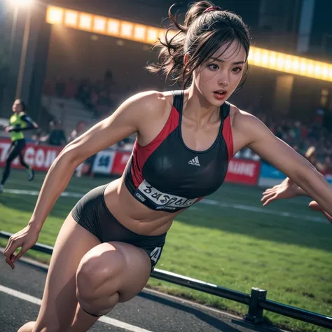 young female athlete racing on the road, long flowing black hair, sleek and aerodynamic running wear, intense expression, severa...