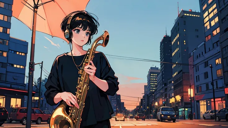 Black short Hair, Black Clothing, One Adult Woman  ,Blue headphones、 City、Delicate background、Masterpiece、night、dark、Nostalgic、roadside, playing saxophone,